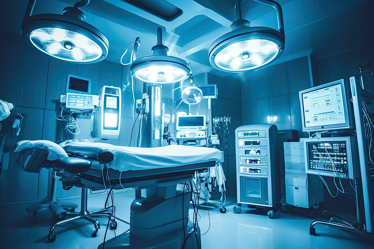 equipment and medical devices in modern operating room take with art lighting and blue filter generative ai free photo